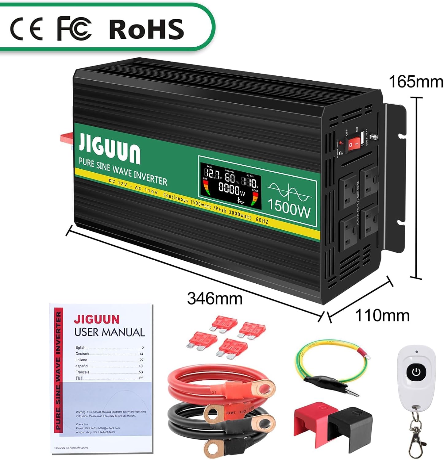 JIGUUN 1500W Pure Sine Wave Inverter package contents including inverter, cables, remote, fuses, and user manual.