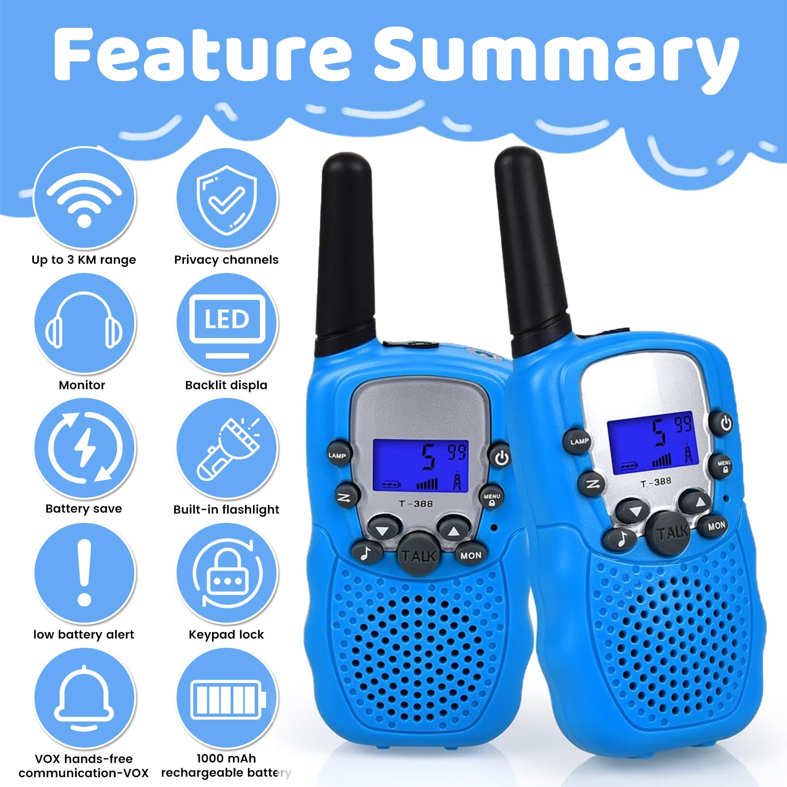 set di walkie talkie per bambini, Radio bidirezionale Giocattoli per bambini con batterie ricaricabili, radioamatore 8 canali PMR 446 distanza fino a 2-3 km