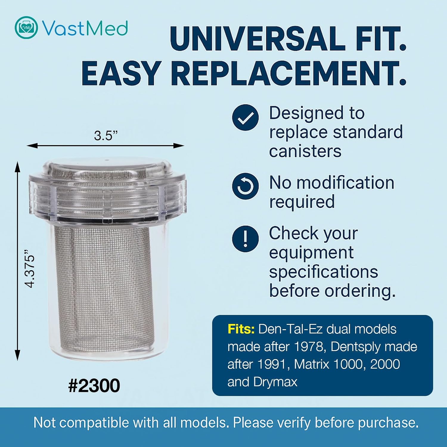 1 Pc Dental Evacuation Suction Trap #2300 by Vastmed | Disposable Clear Canister with Lid Gasket & Stainless Steel Mesh Filter | Fits Most Dental Vacuum Pump Systems