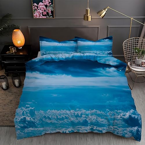 Funda de edredón azul California King con estampado de nubes, funda de edredón de microfibra suave y 2 fundas de almohada de 20 x 36 pulgadas, juego