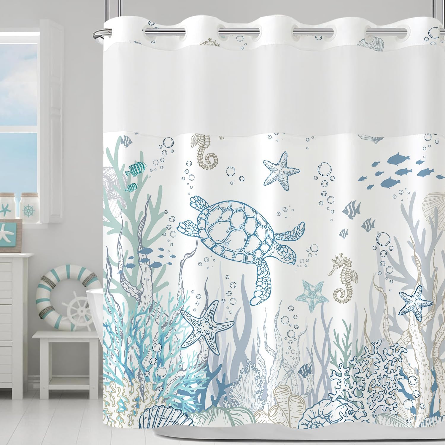 No Hook Shower Curtain with Snap in Liner, Nautical Coastal Turtle Coral Starfish Seashell Ocean Curtains Set with Waterproof Inner Liner for Bathroom, Underwater Seahorse Blue 72×74 inches