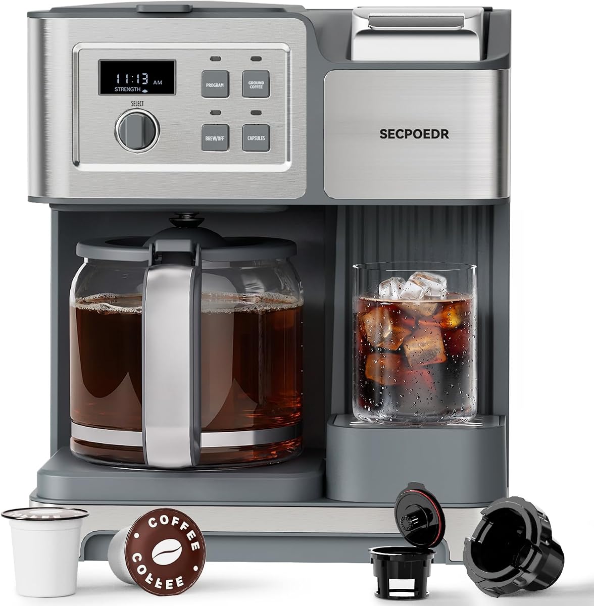 2-Way 12-Cup Programmable Brewer Coffee Maker (Silver) | Compatible with K-Cup Pods & Grounds, Single Serve & Full 12 Cup Pot, 4H Keep Warm, Fast Brewing for Home & Office Use