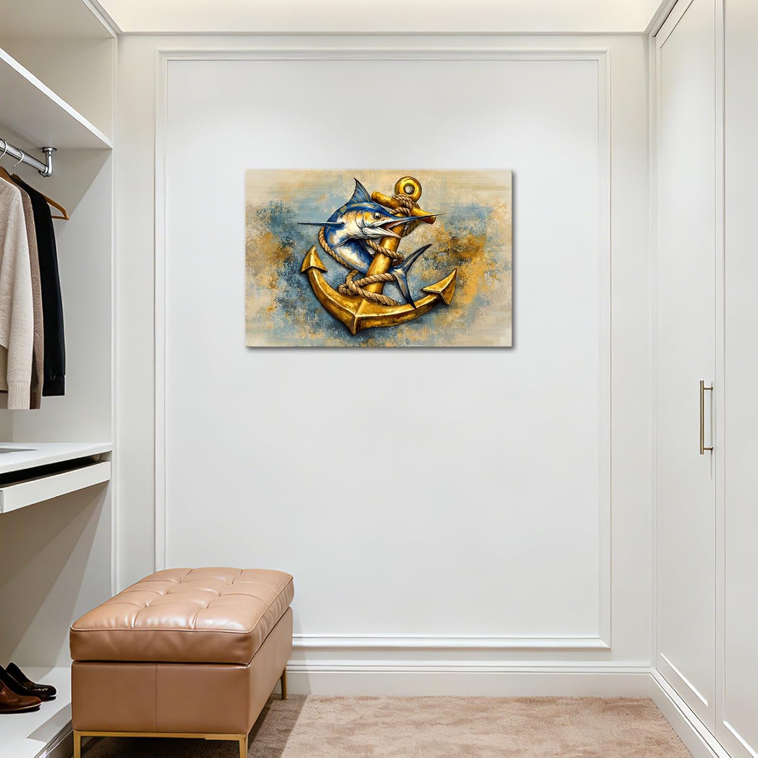 OuElegent Nautical Wall Art Marlin with Anchor Pictures Prints Framed Coastal Ocean Fishing Canvas Print Blue and Gold Canvas Print Coastal Decor Theme for Beach House Office Man Cave 24''x36'' (blue gold)