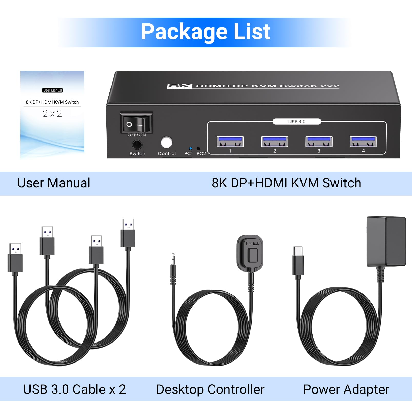 HDMI Displayport KVM Switch 2 PC 2 Monitore, 8K60Hz 4K120Hz USB 3.0 Dual Monitor HDMI DP KVM Switch für 2 PCs Verwaltung über 1 Satz Tastatur, Maus und 2 Monitore