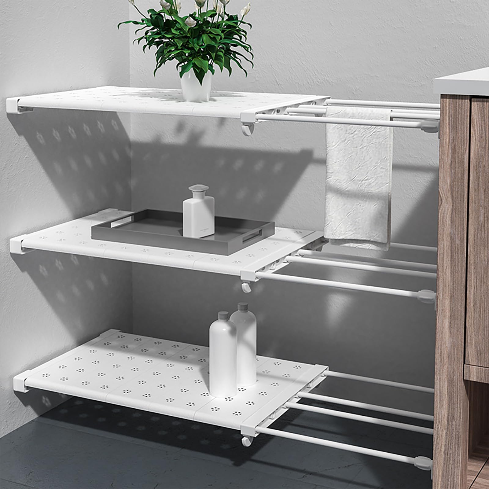 Étagères Réglables pour Armoire, Tablettes Extensibles, Séparateurs Télescopiques sans Clou pour Placard, Armoire, Cuisine, Salle de Bain