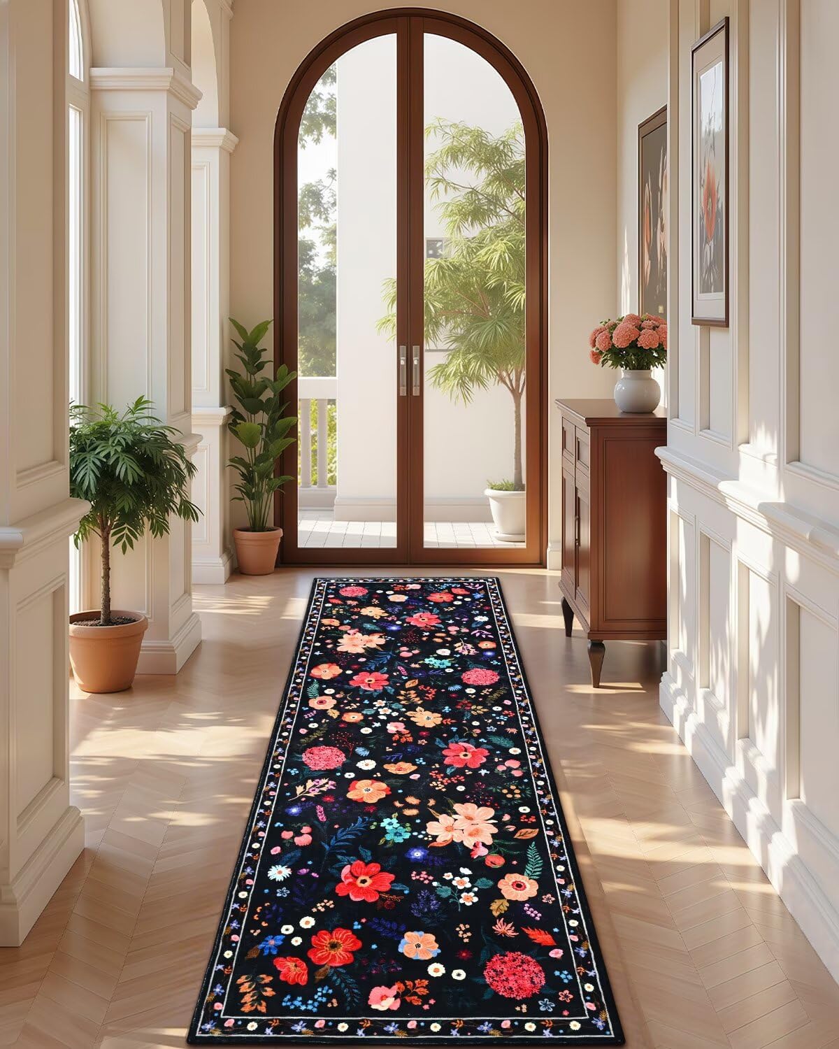 Macgace 2.5x8 Floral Runner Rug, Flowers Printed Washable Rugs with Non Slip Backing for Girls Bedroom Kitchen Hallway,Cute Carpet Runners Home Aesthetic Decor, Black