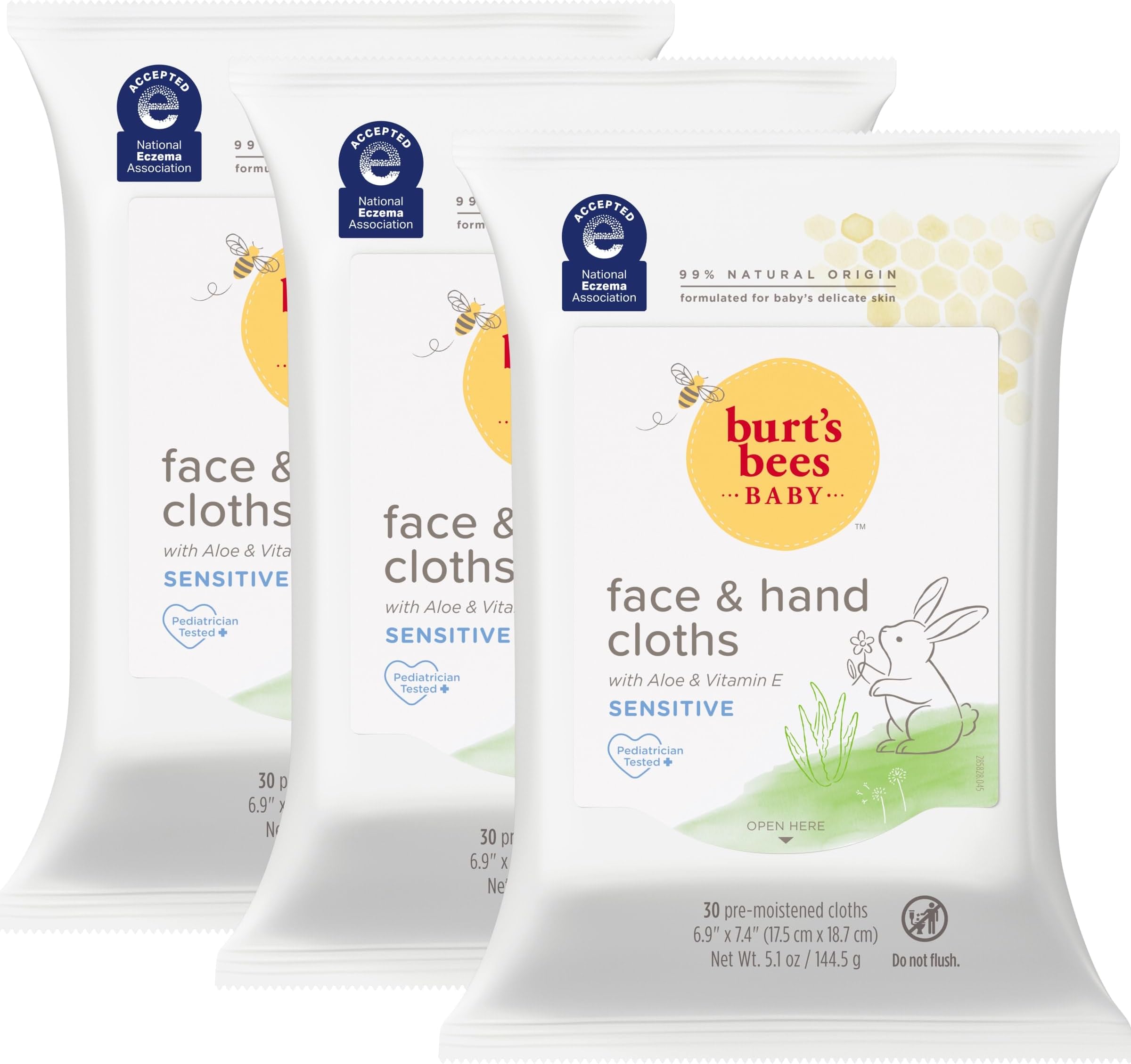 Baby Face & Hand Cloths, Unscented Cleansing Wipes for Sensitive Skin - 30 Wipes, Pack of 3