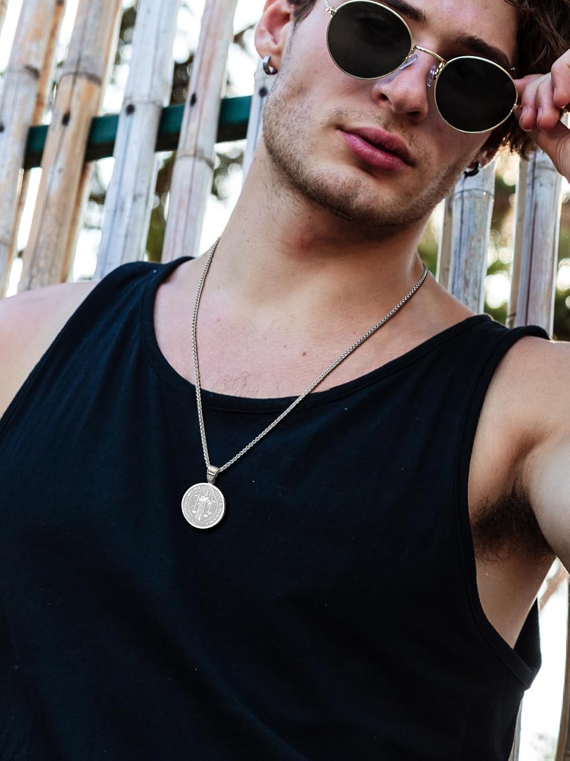 Men Religious Jewelry Stainless Steel/Black Metal/18K Gold Plated 22 Inch Box Rope Chain Nail Cross Pendant/Virgin Mary Medal/St. Benedict/St. Christopher Necklaces for Christmas Birthday - Image 7