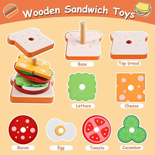 Miniatura 10 de Wooden Burger Sandwich Stacking Toys, Montessori Toys for Toddlers Burger Sandwich Toys Play Food with Order Cards Early Educational Preschool Study