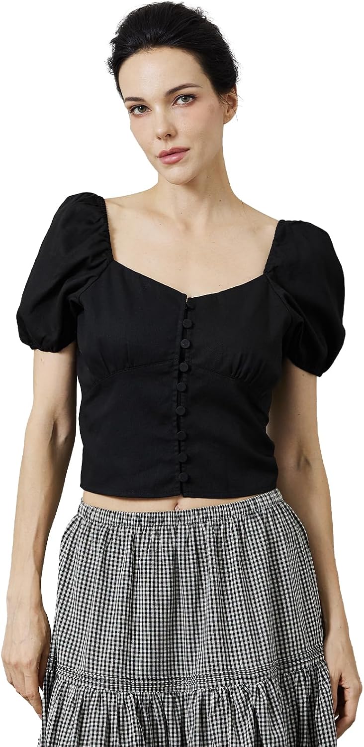 Cotton Crop Tops for Women Renaissance Puff Short Sleeve Button Down Blouse Going Out Shirt