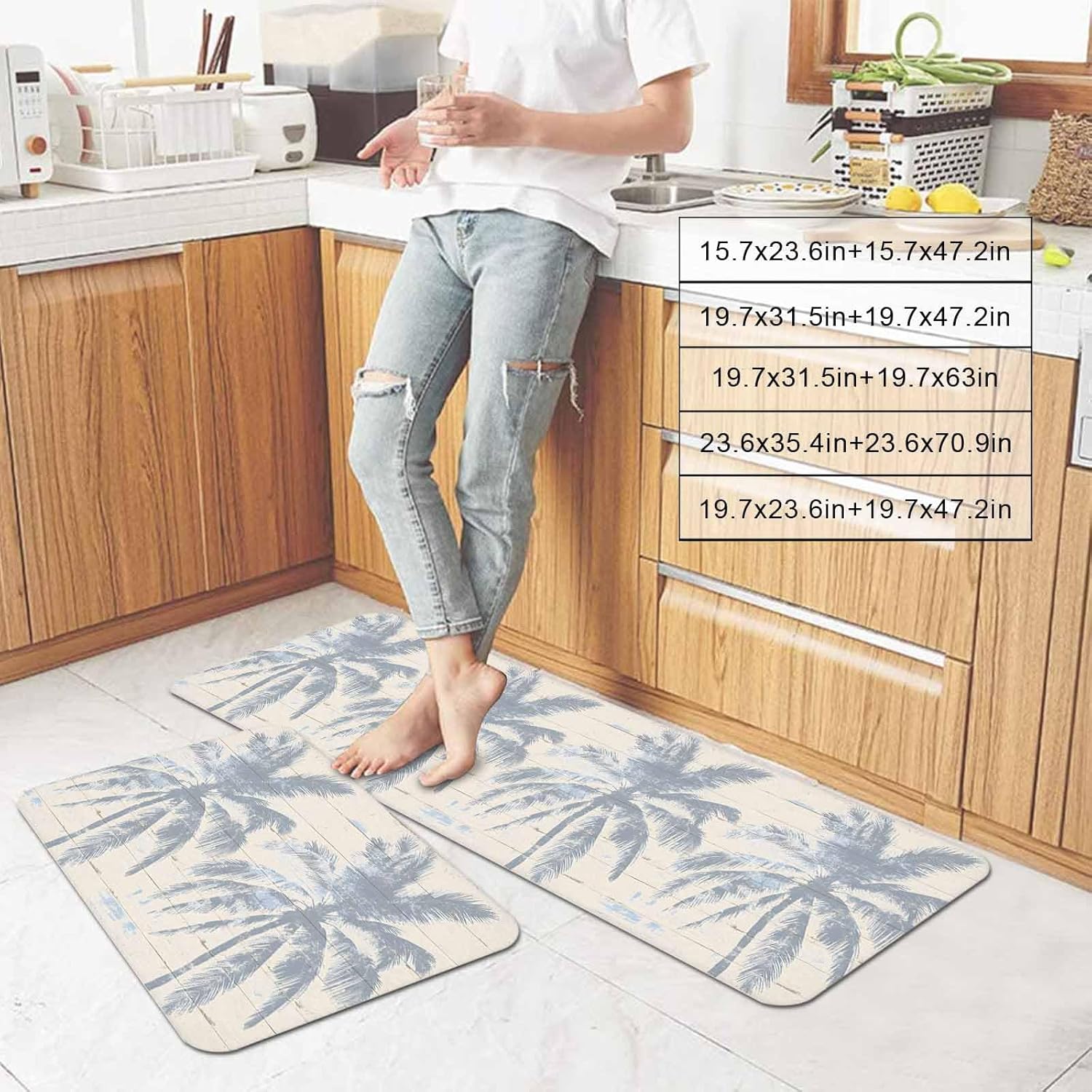 Prime Leader Vintage Palm Kitchen Mat Set 2 Pieces Tree Rustic Wooden Board Hand Painted Style Non Slip Kitchen Rugs Washable Runner Rug Mats for Sink Laundry (15.7" x 23.6"+15.7" x 47.2")