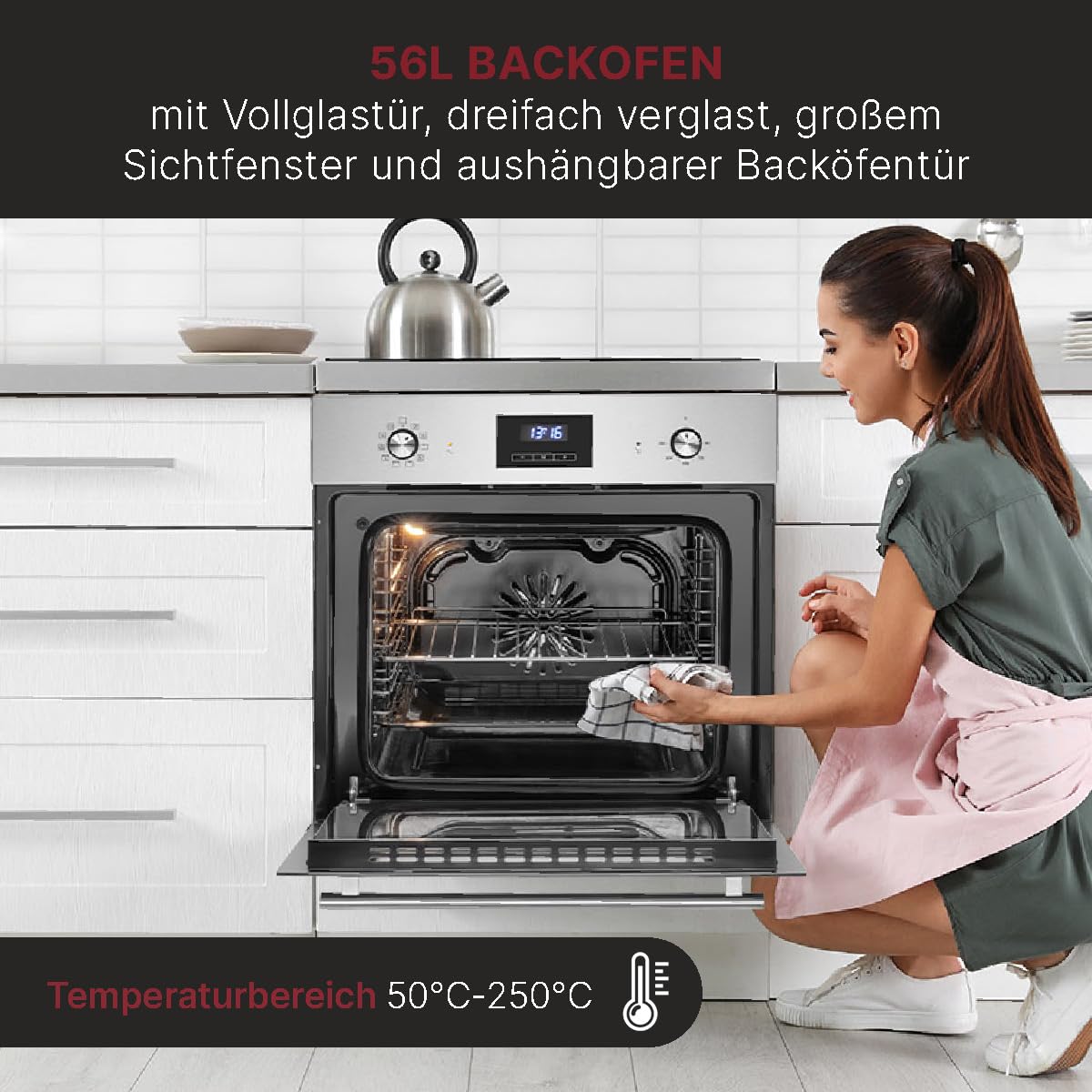 Bomann® Einbaubackofen mit Grill | Heißluft & Ober-/Unterhitze | Backofen 56L | Ofen mit 50°C - 250°C Bereich & Touch Control | Oven mit 9 Backofen-Funktionen & aushängbarer Tür | EBO 7911 inox
