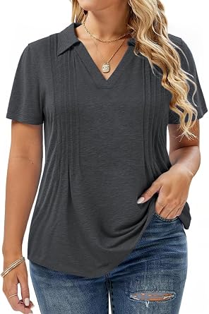 Plus-Size-Summer-Tops for Women Casual Collared V Neck Polo Shirts Business Pleated Tunics Trendy Short Sleeve Blouses