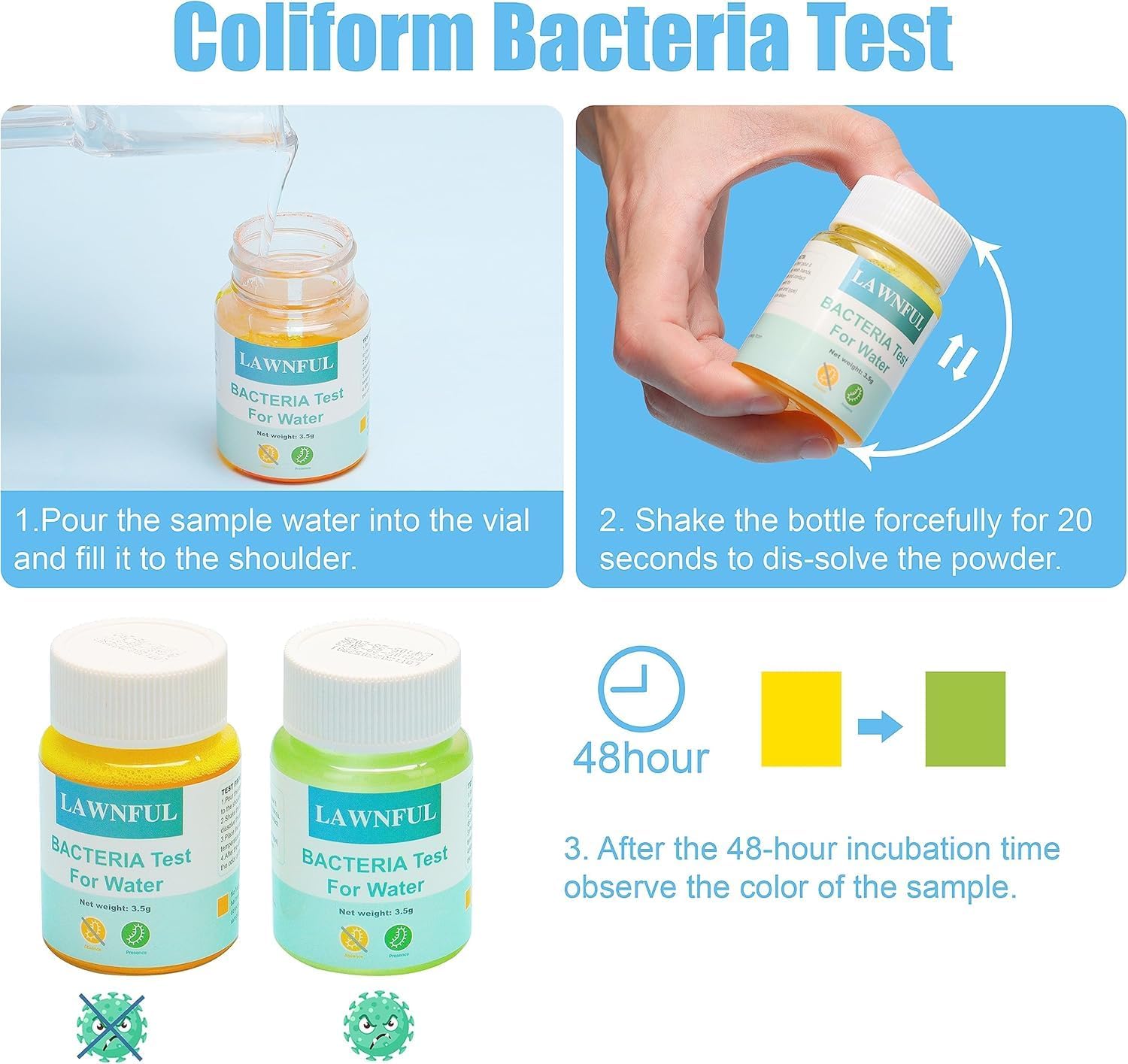 Step 1: Pouring water into the test vial. Step 2: Shaking the test vial.