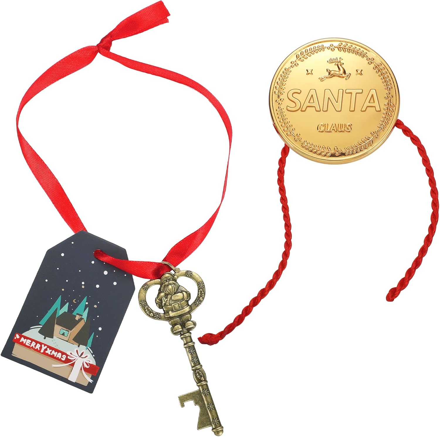 Haull Santa Magic Key Ornament Set for No Chimney Houses with Gift Card and Santa Claus Lost Button Red Thread Hanging Decoration for Christmas Holiday Decor