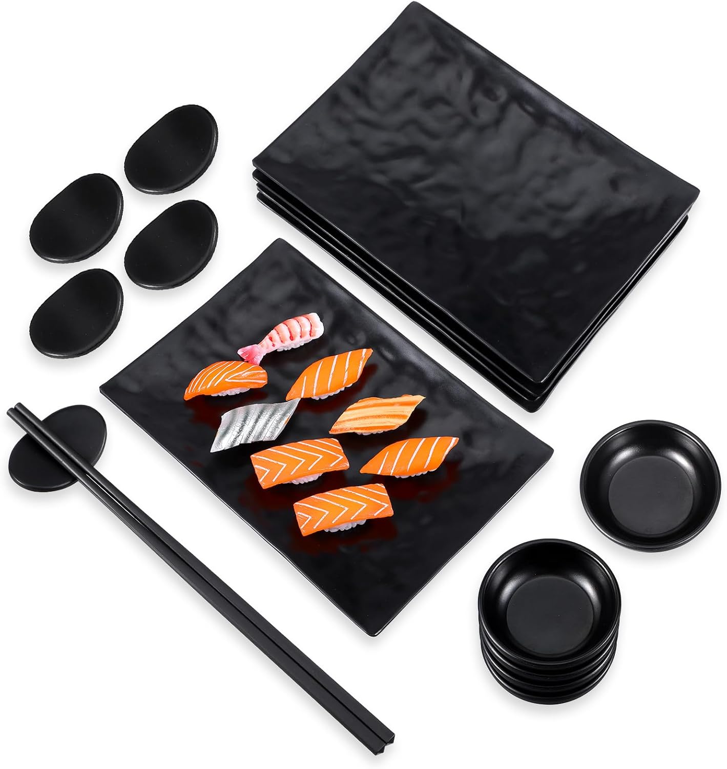 16pcs Sushi Plates Set,Melamine Sushi Serving Set,Japanese Dinnerware Sets - Includes 4 Sushi Trays, 4 Soy Sauce Bowls 4 Pairs of Chopsticks and Holders,Wedding Housewarming Gift, Black