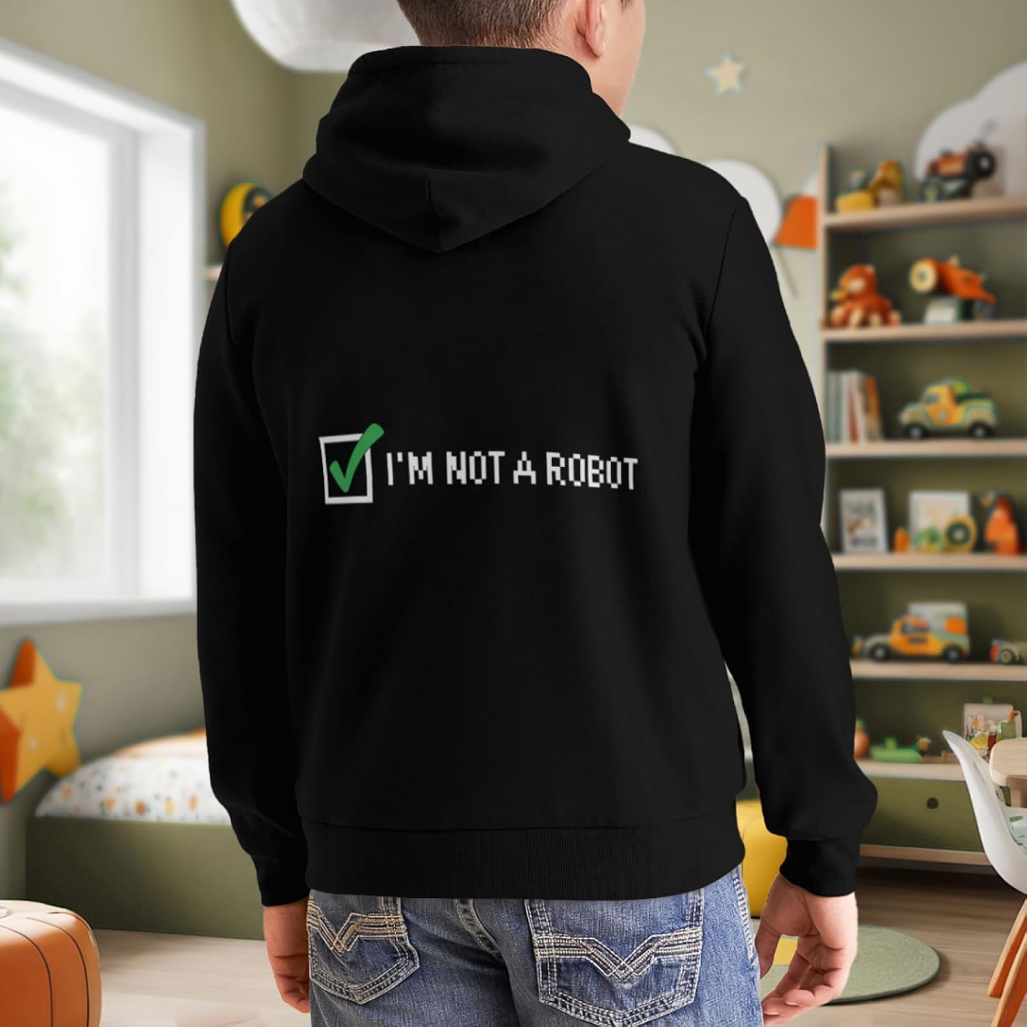 Kids I'm Not A Robot Funny Pixel Boys Girls Lightweight Kangaroo Pocket Fleece Hoodies