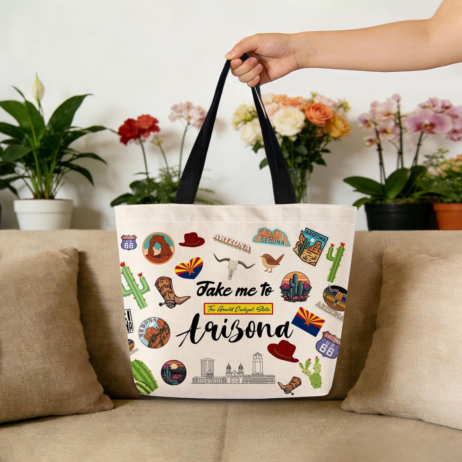 Take Me To Arizona Tote Bag Reusable Grocery Bags Aesthetic Shopping Shoulder Handbag with Interior Pocket Lightweight & Washable Stylish Arizona Travel Present for Women