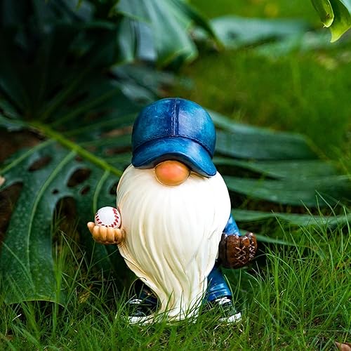 Miniatura 3 de Gnomo de béisbol azul para jardín, estatuas deportivas de resina para papá, luces LED solares, gnomo, divertido, lindo, decoración para patio y