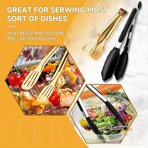 Miniatura 5 de Juego de utensilios de servir dorados para fiestas, cucharas grandes de metal de acero inoxidable, cucharas ranuradas, tenedores, pinzas, cucharas