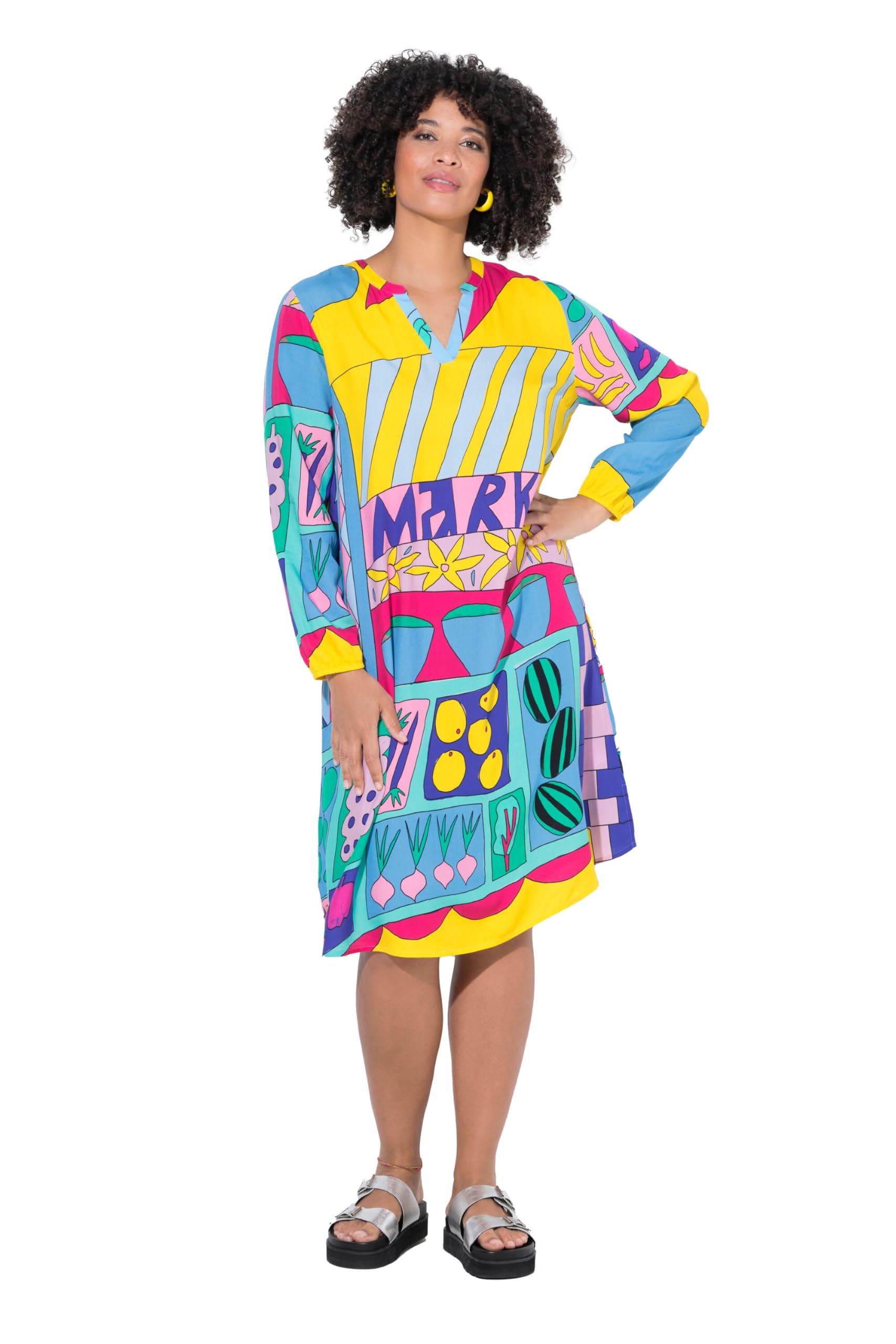 Angel of Style Damen große Größen Übergrößen Plus Size Midikleid, A-Linie, Allover-Muster, Langarm 842922