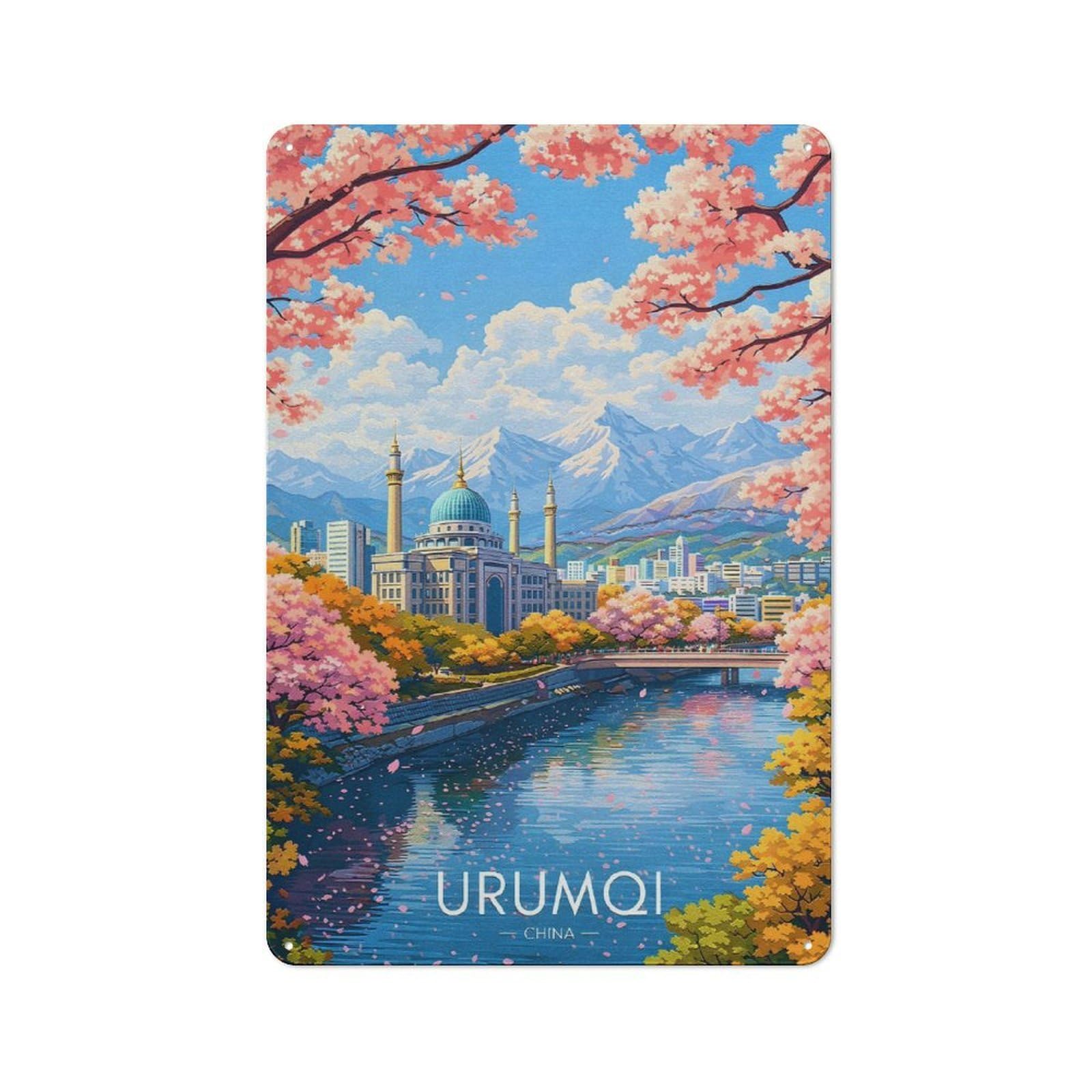 Urumqi Cityscape with Cherry Blossoms Retro Metal Wall Decor 30x20cm, Metal Sign for Bar, Kitchen, Garage Or Games Room