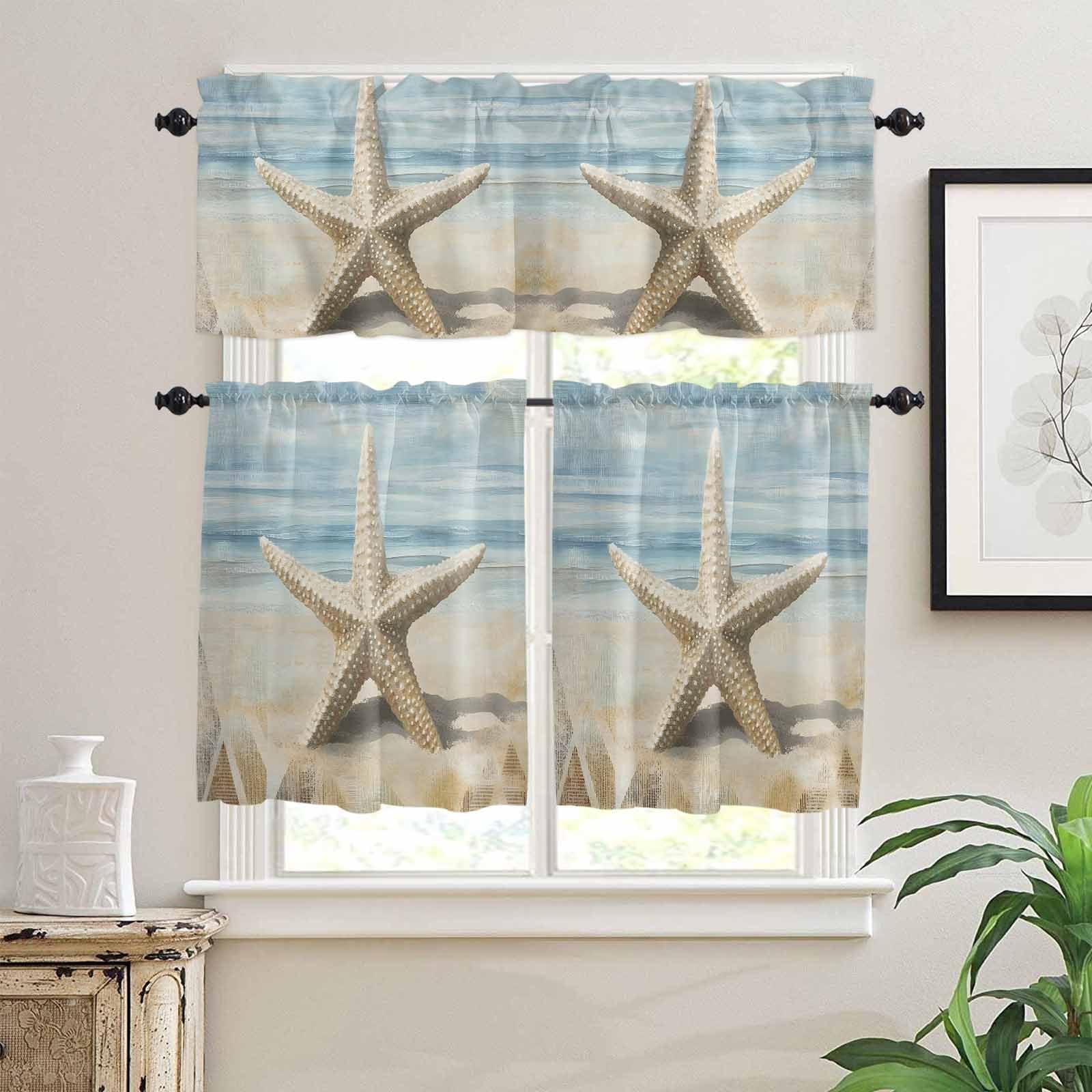 Coastal Beach Starafish Kitchen Curtains 24 Inch Length, 3 Piece Rod Pocket Small Half Tiers and Valance Set, Summer Ocean Wave Blue Beige Small Large Window Treatment Decor for Bedroom/Bathroom Sink