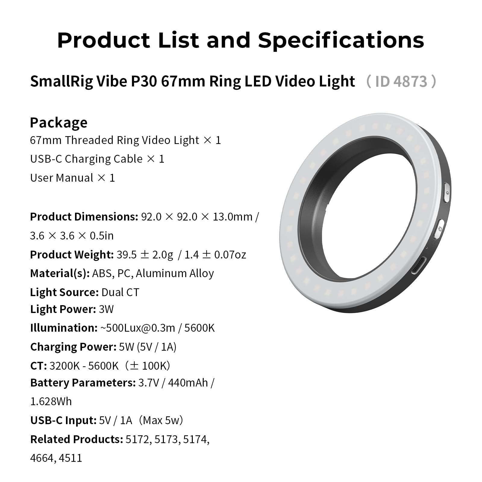 SMALLRIG Vibe P30 67mm Ring LED Videoleuchte, Zweifarbiges Licht in Pulvergröße mit Hohem CRI ≥90, Kompatibel mit 67mm Telefonhalterungen/Hüllen/Objektiven, für die Erstellung von Lnhalten - 4873
