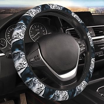 White Tiger Print Car Steering Wheel Cover Elastic Stretch Steering Wheel Cover Anti-Slip Steering Wheel Protector 15 Inch for Cars SUV Vehicle Truck Car Accessories