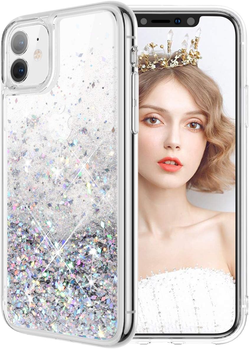wlooo iPhone 11 Phone Case, iPhone 11 Glitter Case, Glitter Liquid Crystal Quicksand Slim Girls Women Soft TPU Bumper Silicone Protective Shockproof Case Cover for iPhone 11 (Silver)