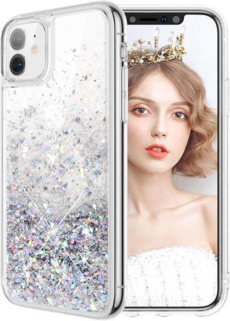 wlooo iPhone 11 Phone Case, iPhone 11 Glitter Case, Glitter Liquid Crystal Quicksand Slim Girls Women Soft TPU Bumper Silicone Protective Shockproof Case Cover for iPhone 11 (Silver)
