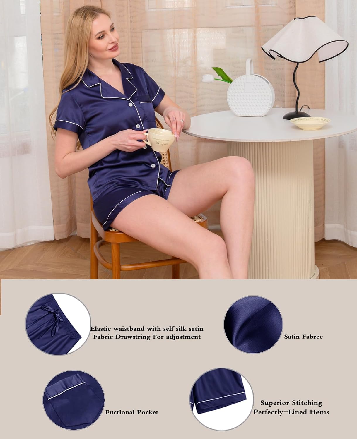 WJing Yi Jia Womens Satin Silky Pajama Sets Short Sleeve Shirt XS-4XL Floral Pajamas Set Soft PJ Loungewear Sleepwear image 4