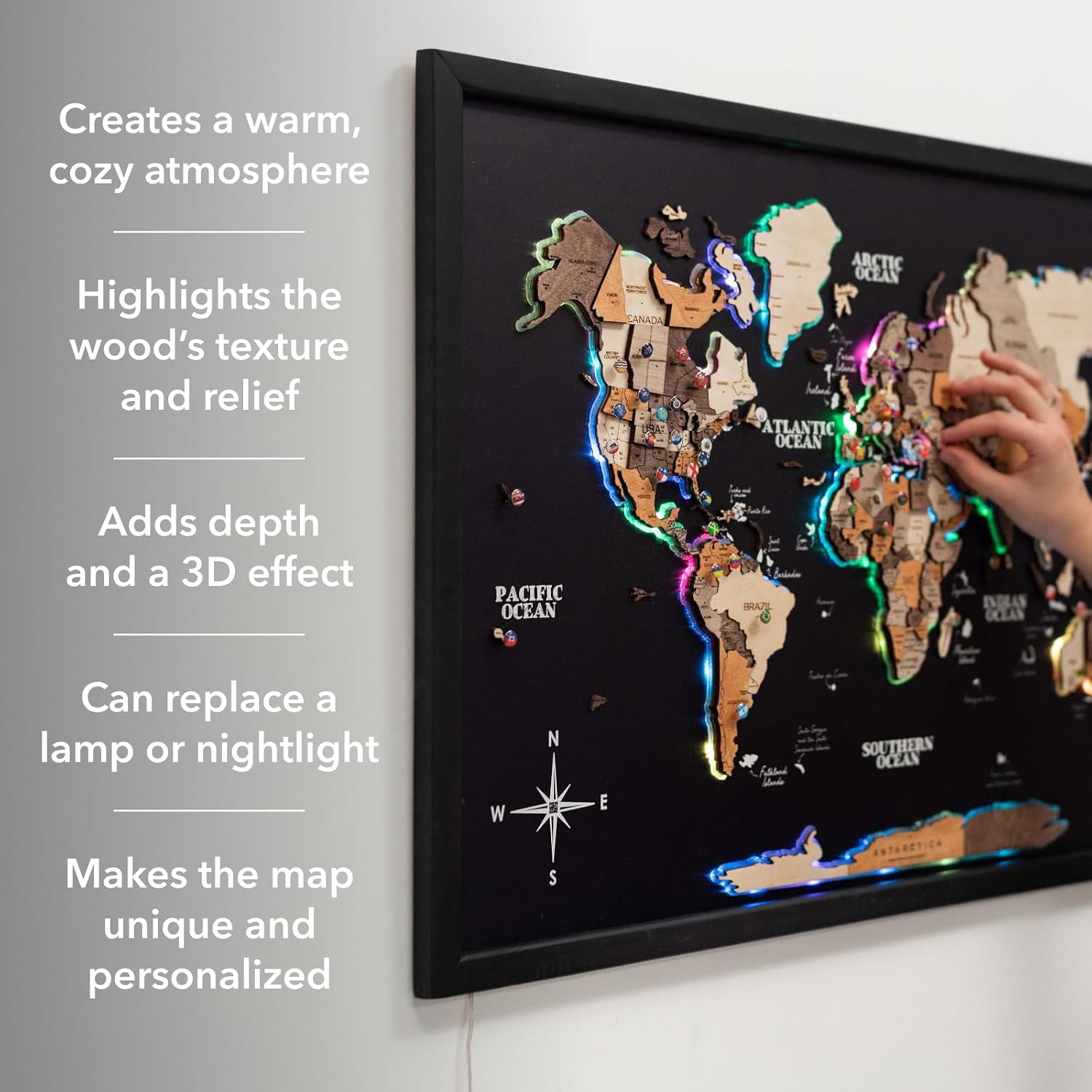 ENJOY THE WOOD Wooden World Map on Board with LED Backlight 2.0 - Handmade World Maps for Wall with Frame - Personalizable Travel Map with Pins for Living Room, Office or Bedroom (Multicolor, Medium)