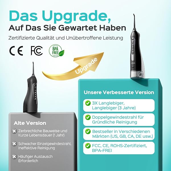 COSLUS Munddusche Kabellos Trragba Elektrische C20(F5020E): 300ML WassertankTestsieger 2026 IPX7 Wasserdicht für Oral Health Enthusiasten Tägliche Tiefenreinigung Reinigung 5 Multifunktionale Jet-Tipp - 2