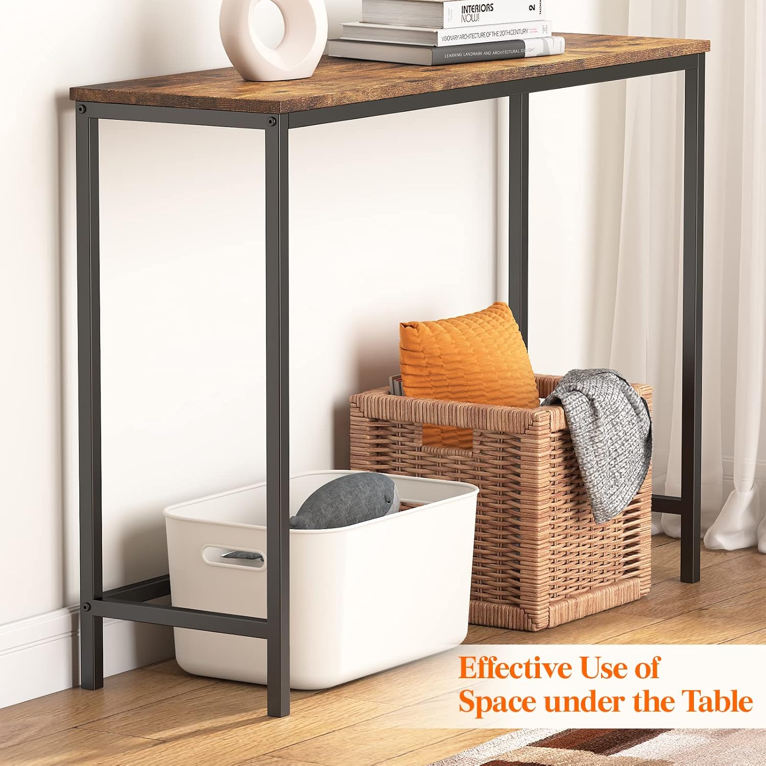Industrial Brown Metal and Glass Console Table with Storage
