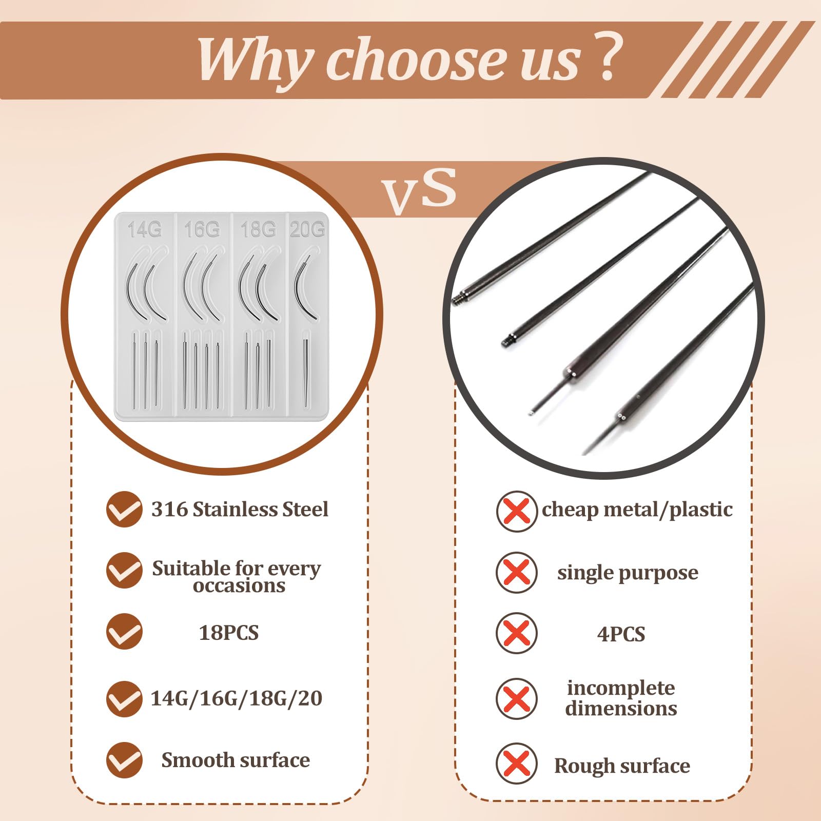 Piercing Taper Tool 18Pcs - 14G, 16G, 18G, 20G, Straight, Curved Needles - Piercing Insertion Tool Set for Nose Studs, Lip Rings, Earring - Changing Tool for Piercings