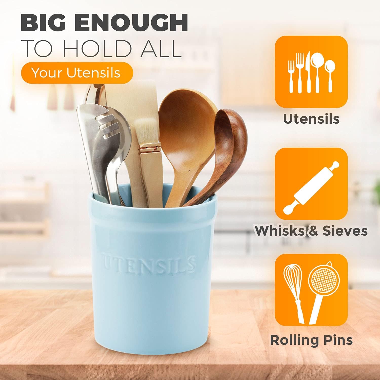 PriorityChef Kitchen Utensil Holder for Countertop, Heavy Ceramic Utensils Caddy, Large Spatula Organizer Utensil Crock - Sky Blue