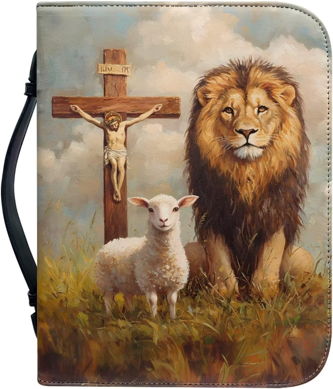 Bible Cover PU Leather Bible Book Covers Sunflower Butterfly Brown Cross Print Church Bible Bag Zippered Book Organizer Holder for Christian Prayer Outdoor Study, 2XL