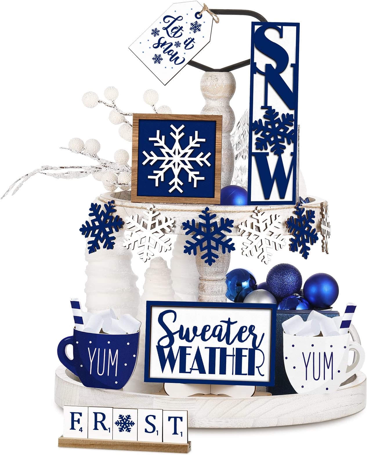 Jetec 12 Pieces Winter Tiered Tray Decor Set Snowflake Wooden Sign Let It Snow Table Decorations Farmhouse Coffee Bar Signs Tray Decor for Home Kitchen Tabletop(Blue)