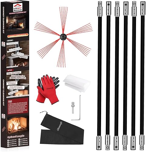 Miniatura 10 de Kit de limpieza de chimenea de 30 pies, kit de limpieza de chimenea con 9 varillas de chimenea blancas flexibles, cepillo de chimenea, sistema de