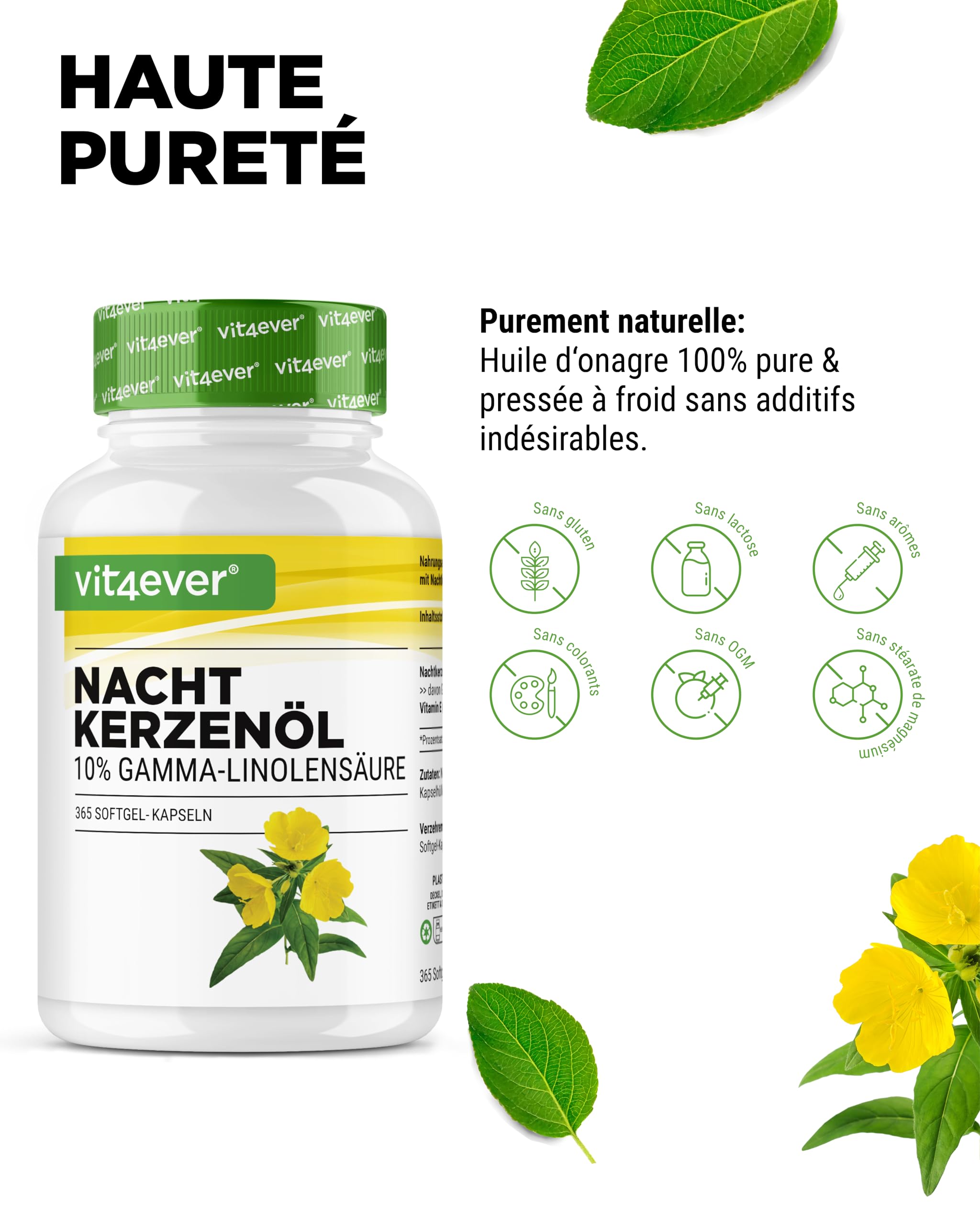Huile d'Onagre - 365 Capsules - Fortement Dosée avec 2000 mg par Dose Journalière - Premium : 10% d'Acide Gamma-Linolénique GLA, avec Vitamine E Naturelle & Pressée à Froid