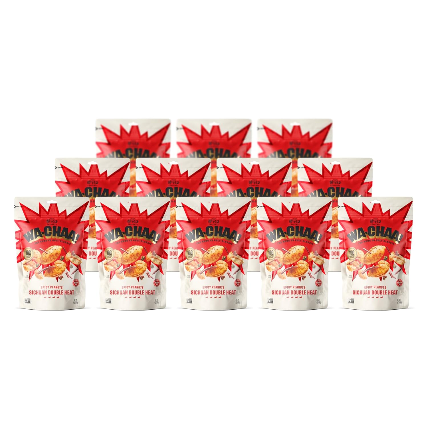WA-CHAA! Spicy Sichuan Peanuts - Numbing Mala Peppercorns, Toasted Chili Flakes, Avocado Oil, Whole-Food Protein, Party Snacks, Non-GMO, Resealable (Double Heat, 4oz/12 pack)