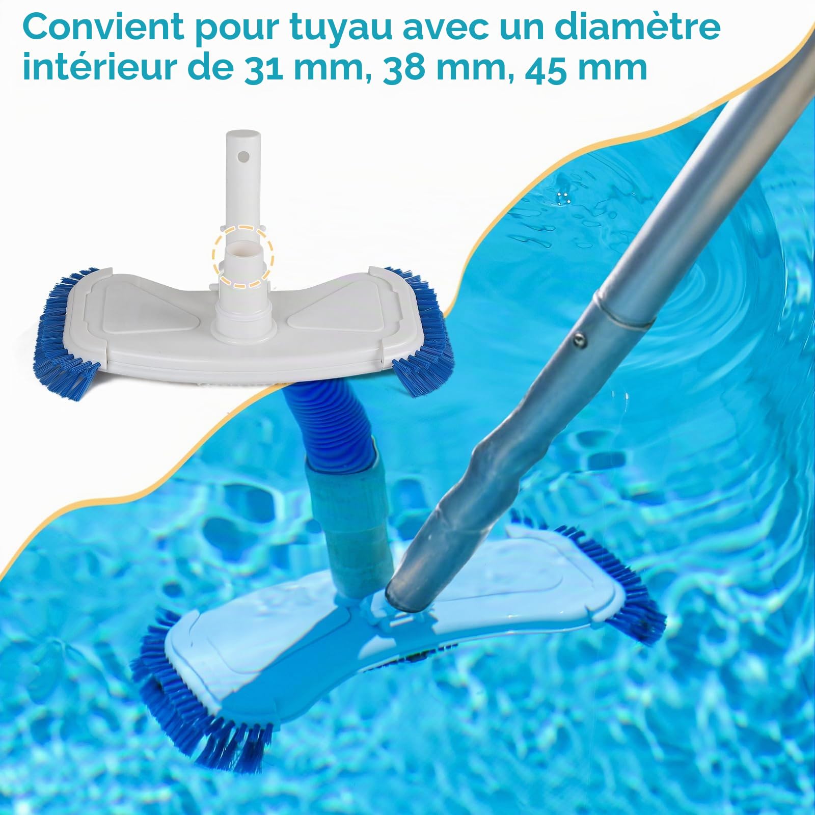 EFUTURETIME Aspirateur de Piscine Manuel avec φ38 mm Tuyau de 7,5 m | Tête d’aspiration Lestée avec Perche Télescopique 2,7 m et Rouleaux et Brosses Latérales et Lnférieures