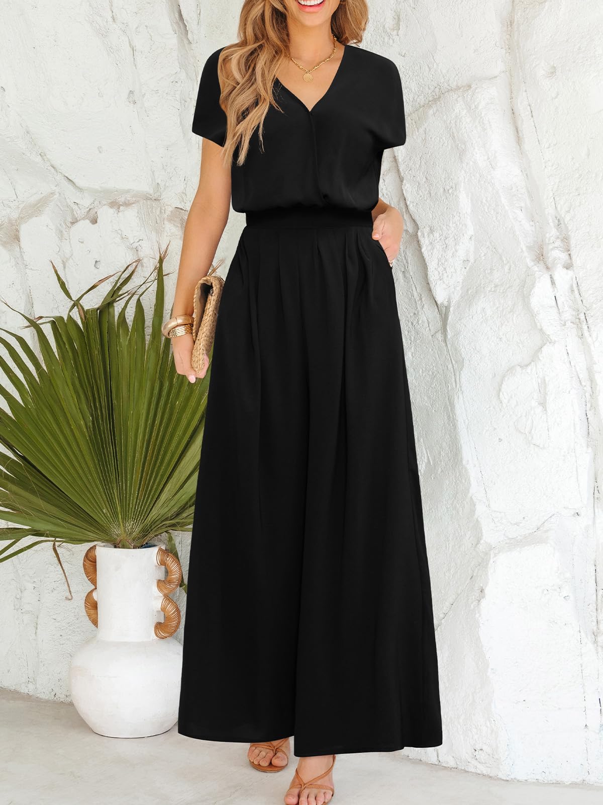 CUPSHE Damen Jumpsuit V-Ausschnitt Kurzarm Overall Weites Bein Elastischer Bund Sommer Elegant Playsuit mit Taschen