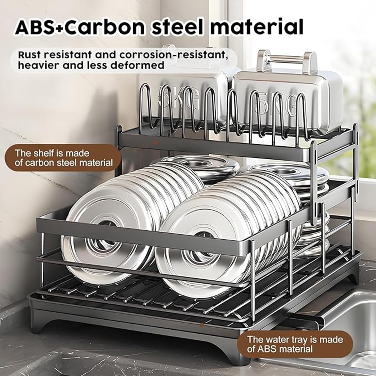 Black Stainless Steel Dish Drainer with Utensil Holder | Built-in Drain, Kitchen Use, Matt Black Design, Utensils Storage, Stainless Steel