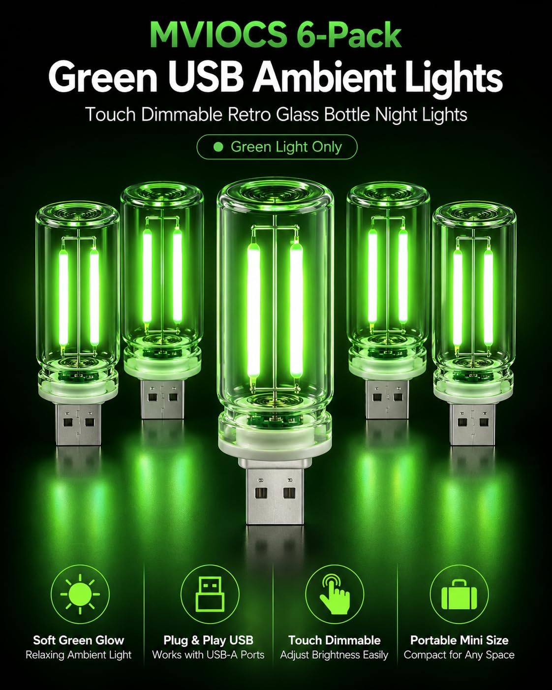 6 Pack USB Car Night Light, Touch Dimmable Mini Retro Glass Bottle LED Ambient Lights, Plug-in USB Interior Mood Lights for Car, Truck, Bedroom, Desk, Camping Decor (Green) image 2