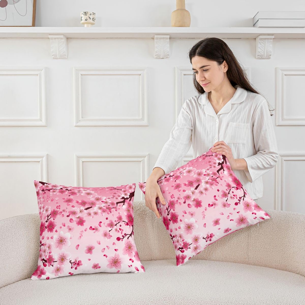 jejeloiu Cherry Blossoms Pillow Cases Cushion Covers 18"x18" Set of 4 Japanese Style Pillow Cases Cushion Covers Sakura Flower Throw Pillow Covers Gradient Pink Decorative Throw Pillowcases for Kids