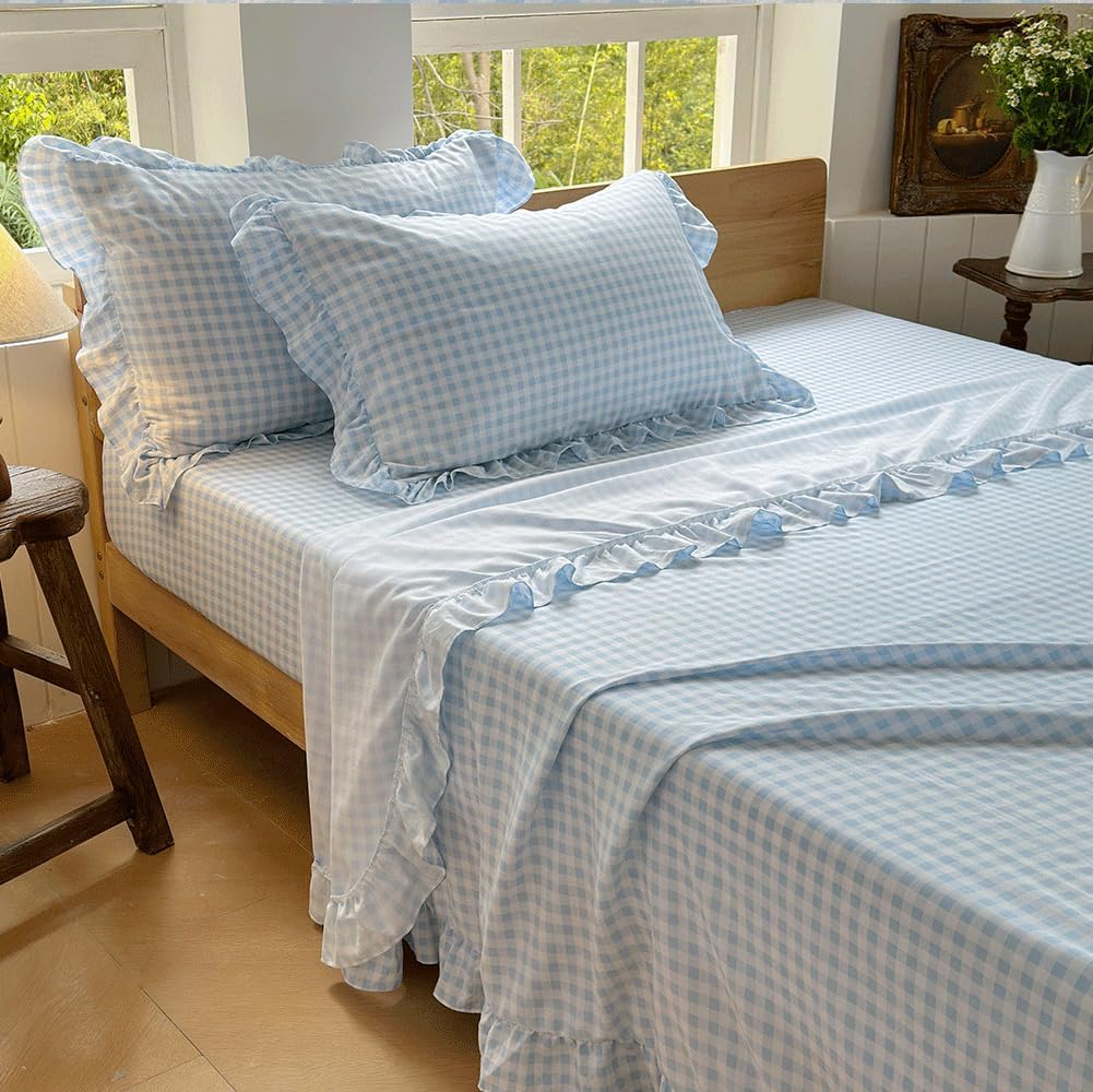 NSNLGSGC Light Blue Ruffled Plaid Gingham Standard Size Pillow Shams 20"x26", Set of 2 Checked Pre-Washed Microfiber Farmhouse Pillowcases for Bed/Sofa (20"x26", Light Blue Gingham)