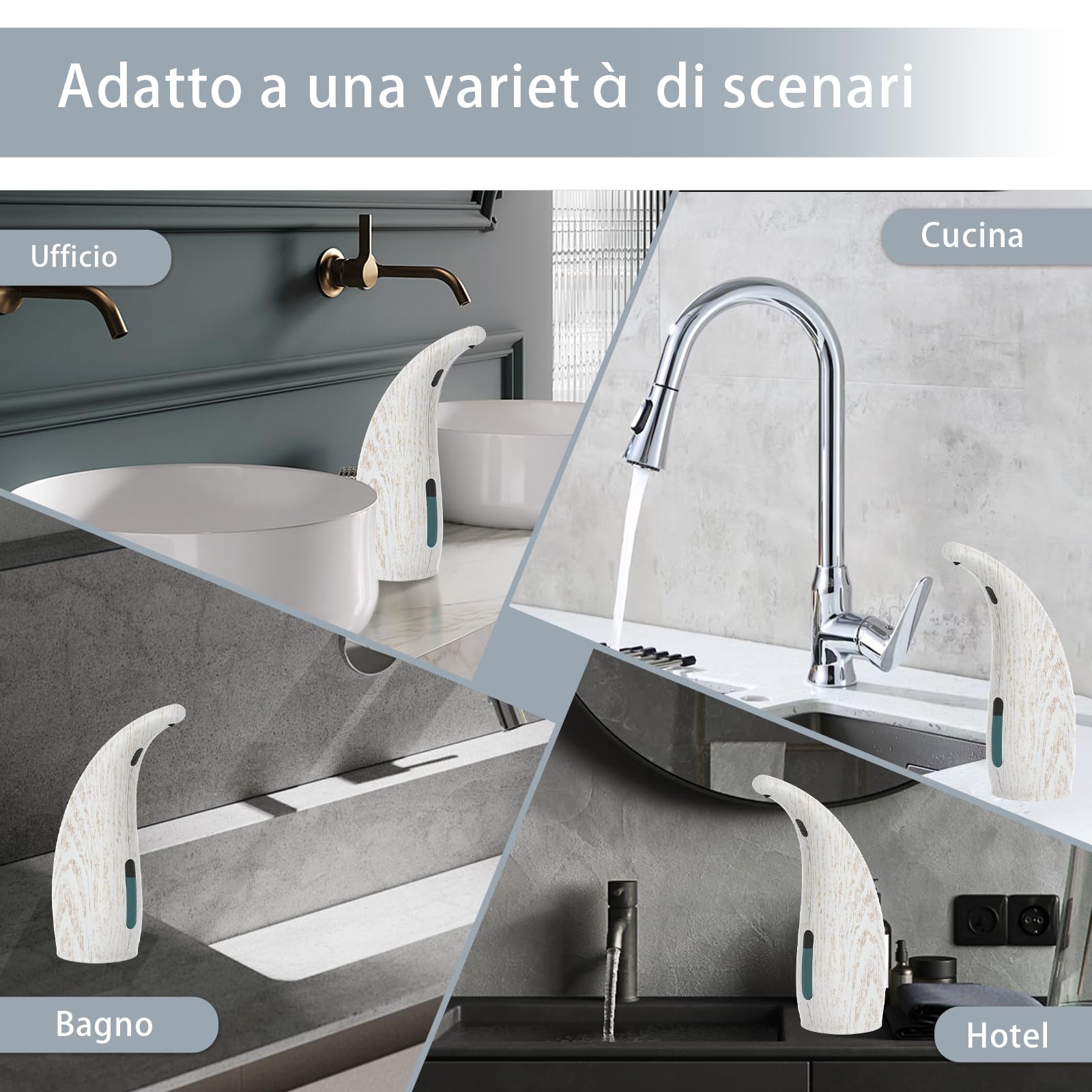 Dispensatore Automatico Sapone Senza Contatto 300ml Sensore 4 Livelli,Impermeabile IP65,alimentato a batteria,Design Cucina/Bagno, Compatibile con Liquido (400ml Grana di legno bianca)