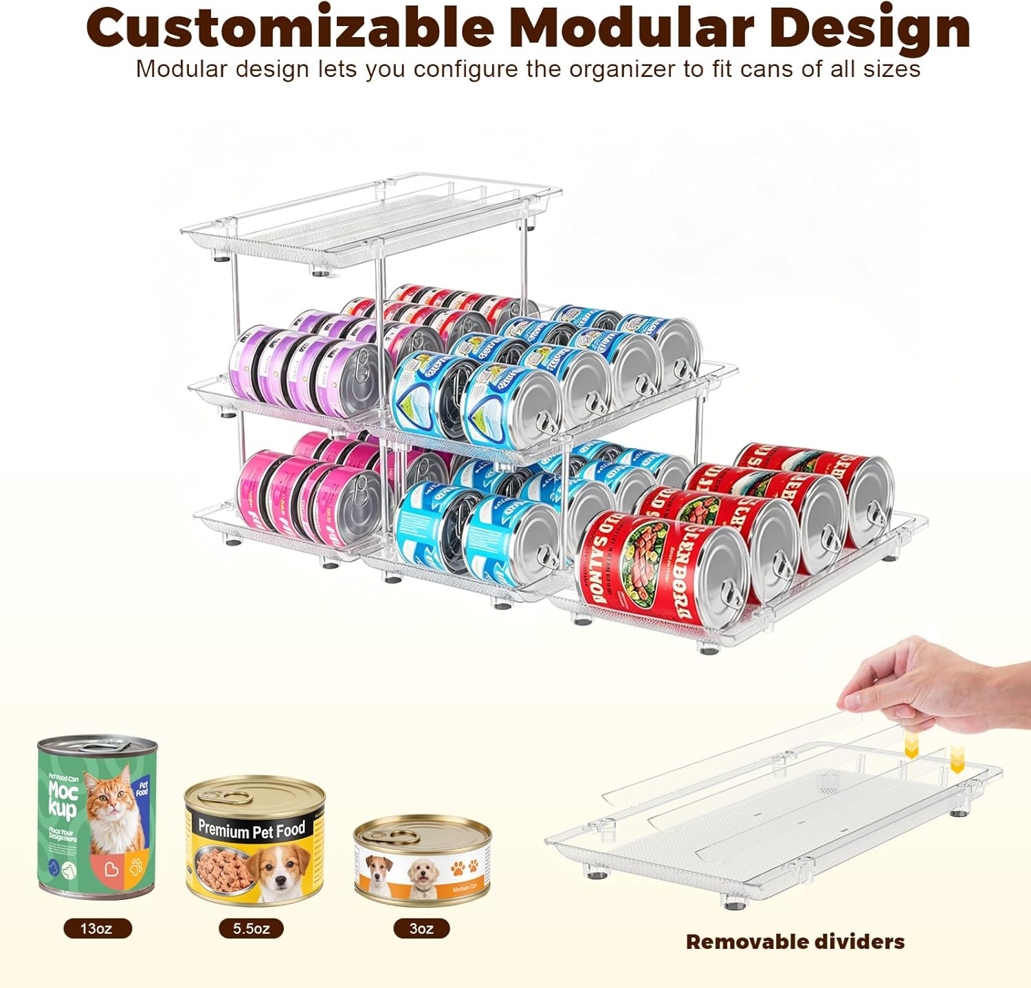 Cat Food Can Organizer, Modular 3-Tier Adjustable Can Organizer for Pantry, Soup Cans and 3oz & 5oz Canned Goods Storage, Clear Can Holder for Pantry and Fridge